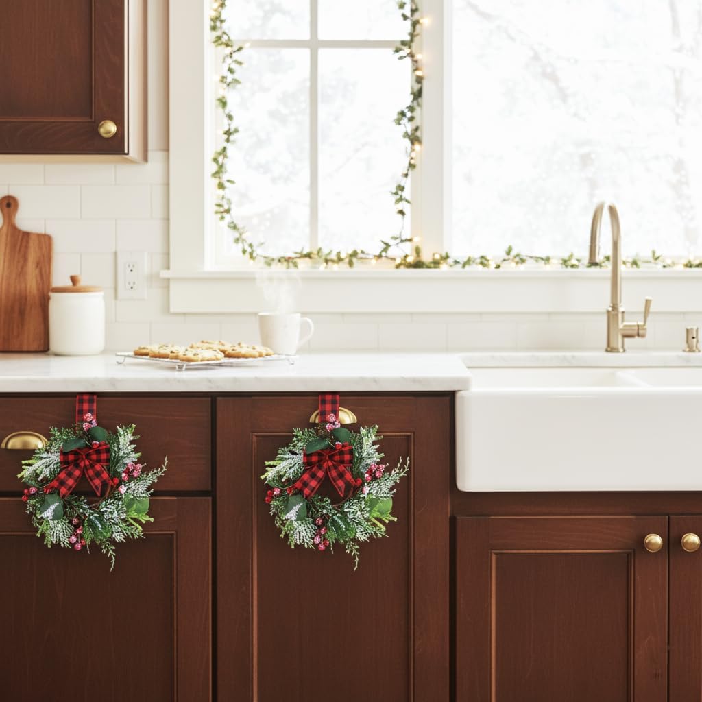 4 Pcs 9.5 Mini Christmas Wreath for Cabinets, Christmas Wreath for Kitchen Decor, Mini Wreaths with Ribbon and Cherry, Door or Kitchen Decor